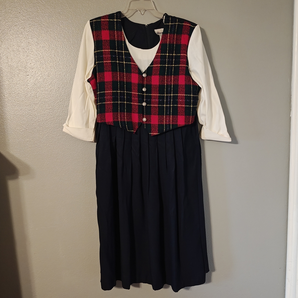 Long Sleeve Navy Dress with Red Plaid Vest